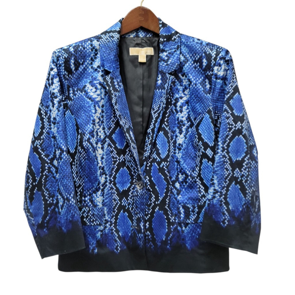 Michael Kors Blazer Womens 10 Black Blue Reptile Animal Print 3/4 Sleeves - Picture 1 of 6